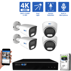 8-Channel NVR Security Camera System with 2 * 8MP IP POE 2.8mm Fixed Lens Bullet Security Cameras and 2 * 8MP IP POE 2.8mm Fixed Lens Turret Security Cameras, Built-in Microphone, Human Detection, Dual-Light
