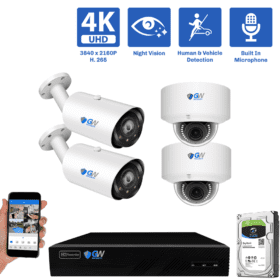 8-Channel NVR Security Camera System with 2 * 8MP IP POE 5X Optical 2.7-13.5mm Varifocal Lens Bullet Security Camera, and 2 * 8MP IP POE 5X Optical 2.7-13.5mm Varifocal Lens Bullet Security Camera Human / Vehicle Detection, Built-In Microphone