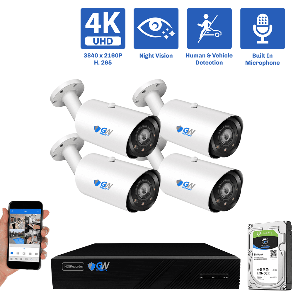 8-Channel NVR Security Camera System with 4 * 8MP IP POE 5X Optical 2.7-13.5mm Varifocal Lens Bullet Security Camera, Human / Vehicle Detection, Built-In Microphone, White Light