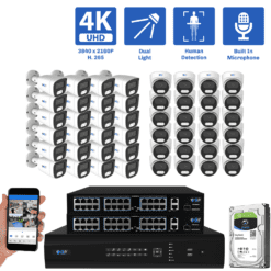 64-Channel NVR Security Camera System with 24 * 8MP IP POE 2.8mm Fixed Lens Bullet Security Cameras and 24 * 8MP IP POE 2.8mm Fixed Lens Turret Security Cameras, Built-in Microphone, Human Detection, Dual-Light