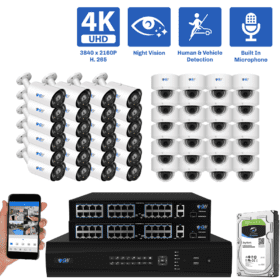 64-Channel NVR Security Camera System with 24 * 8MP IP POE 5X Optical 2.7-13.5mm Motorized Lens Bullet Security Camera, and 24 * 8MP IP POE 5X Optical 2.7-13.5mm Motorized Lens Bullet Security Camera Human / Vehicle Detection, Built-In Microphone