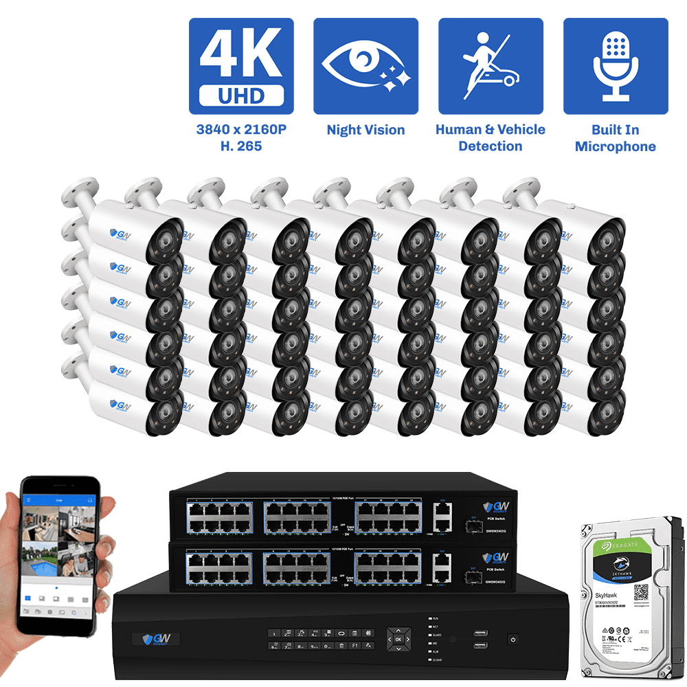 64-Channel NVR Security Camera System with 48 * 8MP IP POE 5X Optical 2.7-13.5mm Varifocal Lens Bullet Security Camera, Human / Vehicle Detection, Built-In Microphone, White Light