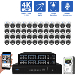 64-Channel NVR Security Camera System with 48 * 8MP IP POE 2.8mm Fixed Lens Turret Security Cameras, Built-in Microphone, Human Detection, Dual-Light