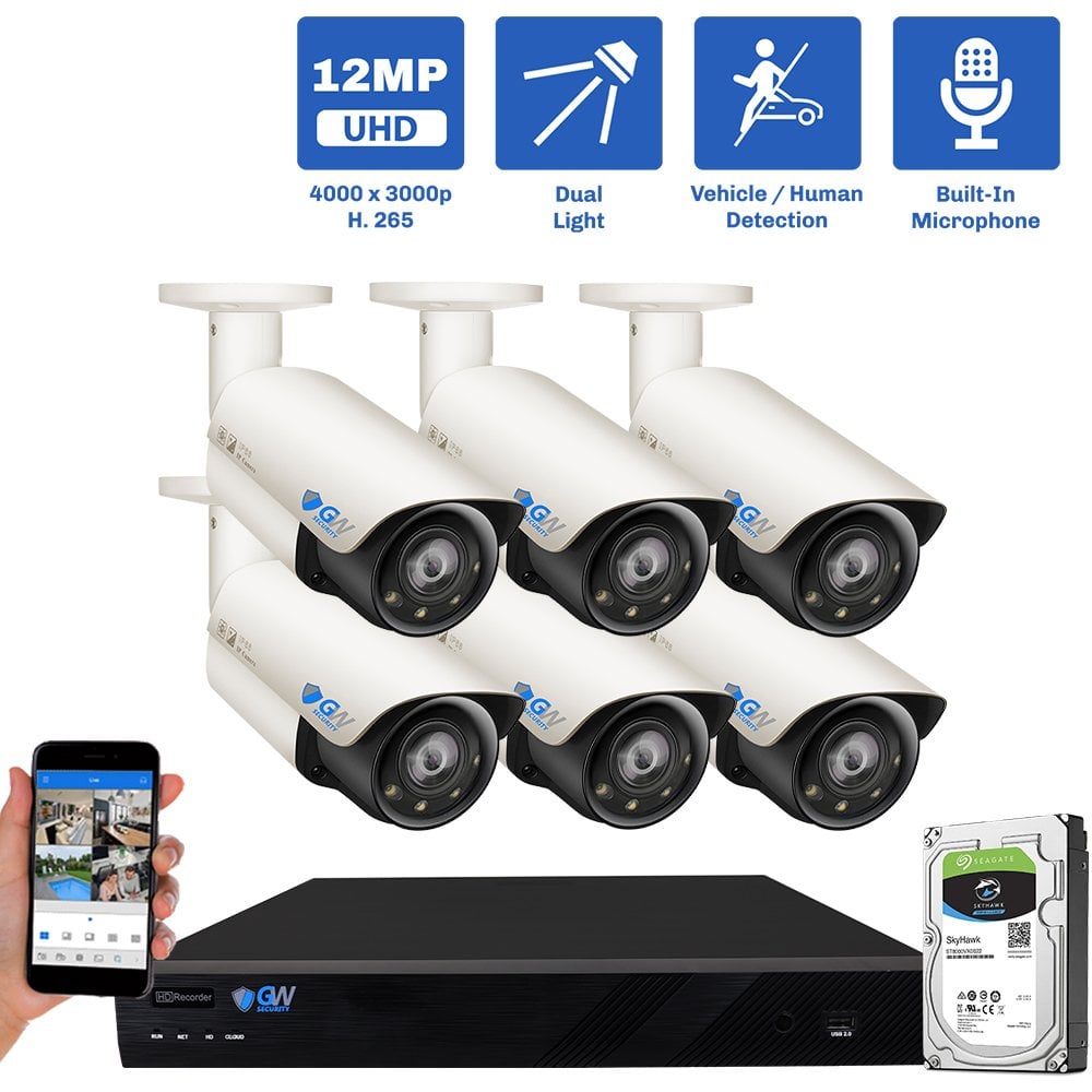 16 Channel NVR Security Camera System with 6 * 12MP IP POE 4mm Fixed Lens Bullet Security Camera, Built-in Mic, Full-Time Color Night Vision, Dual-Light