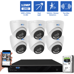 16 Channel NVR Security Camera System with 6 * 12MP 4mm Fixed Lens IP Turret Security Camera, Two-Way Audio, Full-Time Color Night Vision, Dual-Light