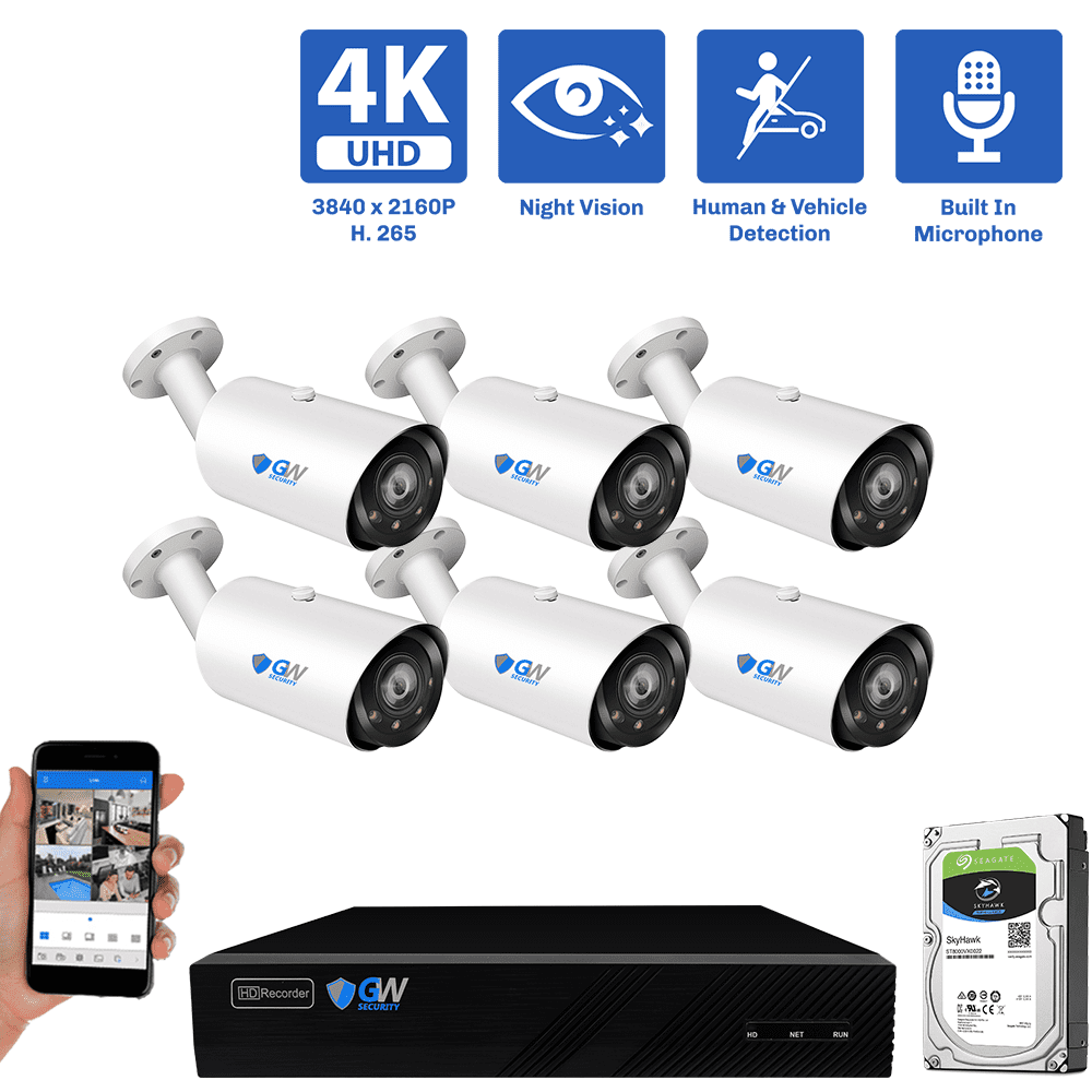 8-Channel NVR Security Camera System with 6 * 8MP IP POE 5X Optical 2.7-13.5mm Varifocal Lens Bullet Security Camera, Human / Vehicle Detection, Built-In Microphone, White Light