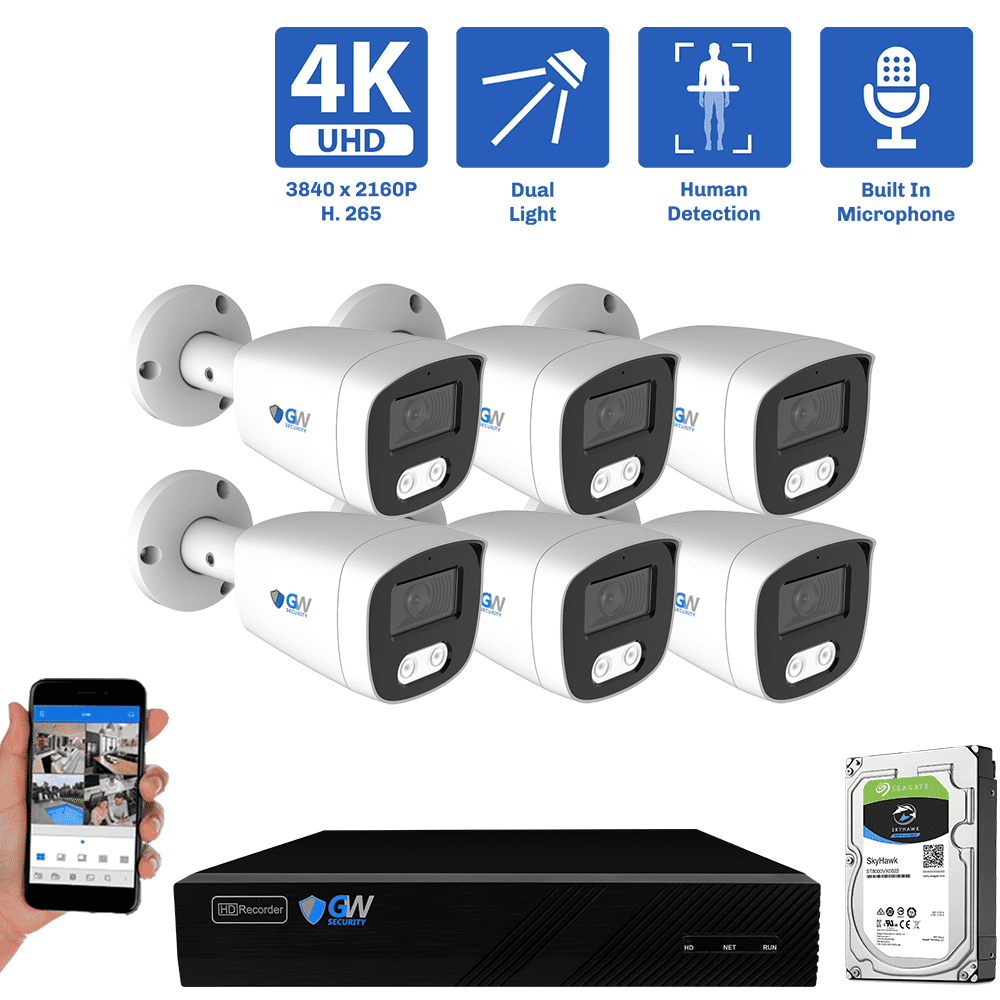 8-Channel NVR Security Camera System with 6 * 8MP IP POE 2.8mm Fixed Lens Bullet Security Cameras, Built-in Microphone, Human Detection, Dual-Light