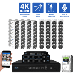 64-Channel NVR Security Camera System with 32 * 8MP IP POE 2.8mm Fixed Lens Bullet Security Cameras and 32 * 8MP IP POE 2.8mm Fixed Lens Turret Security Cameras, Built-in Microphone, Human Detection, Dual-Light