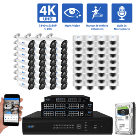64-Channel NVR Security Camera System with 32 * 8MP IP POE 5X Optical 2.7-13.5mm Varifocal Lens Bullet Security Camera, and 32 * 8MP IP POE 5X Optical 2.7-13.5mm Varifocal Lens Bullet Security Camera Human / Vehicle Detection, Built-In Microphone