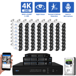 64-Channel NVR Security Camera System with 64 * 8MP IP POE 5X Optical 2.7-13.5mm Varifocal Lens Bullet Security Camera, Human / Vehicle Detection, Built-In Microphone, White Light