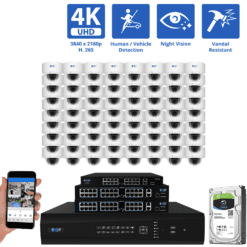 64-Channel NVR Security Camera System with 64 * 8MP IP POE 5X Optical 2.7-13.5mm Varifocal Lens Dome Security Camera, Human / Vehicle Detection, Built-In Microphone