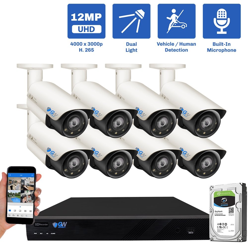 16 Channel NVR Security Camera System with 8 * 12MP IP POE 4mm Fixed Lens Bullet Security Camera, Built-in Mic, Full-Time Color Night Vision, Dual-Light
