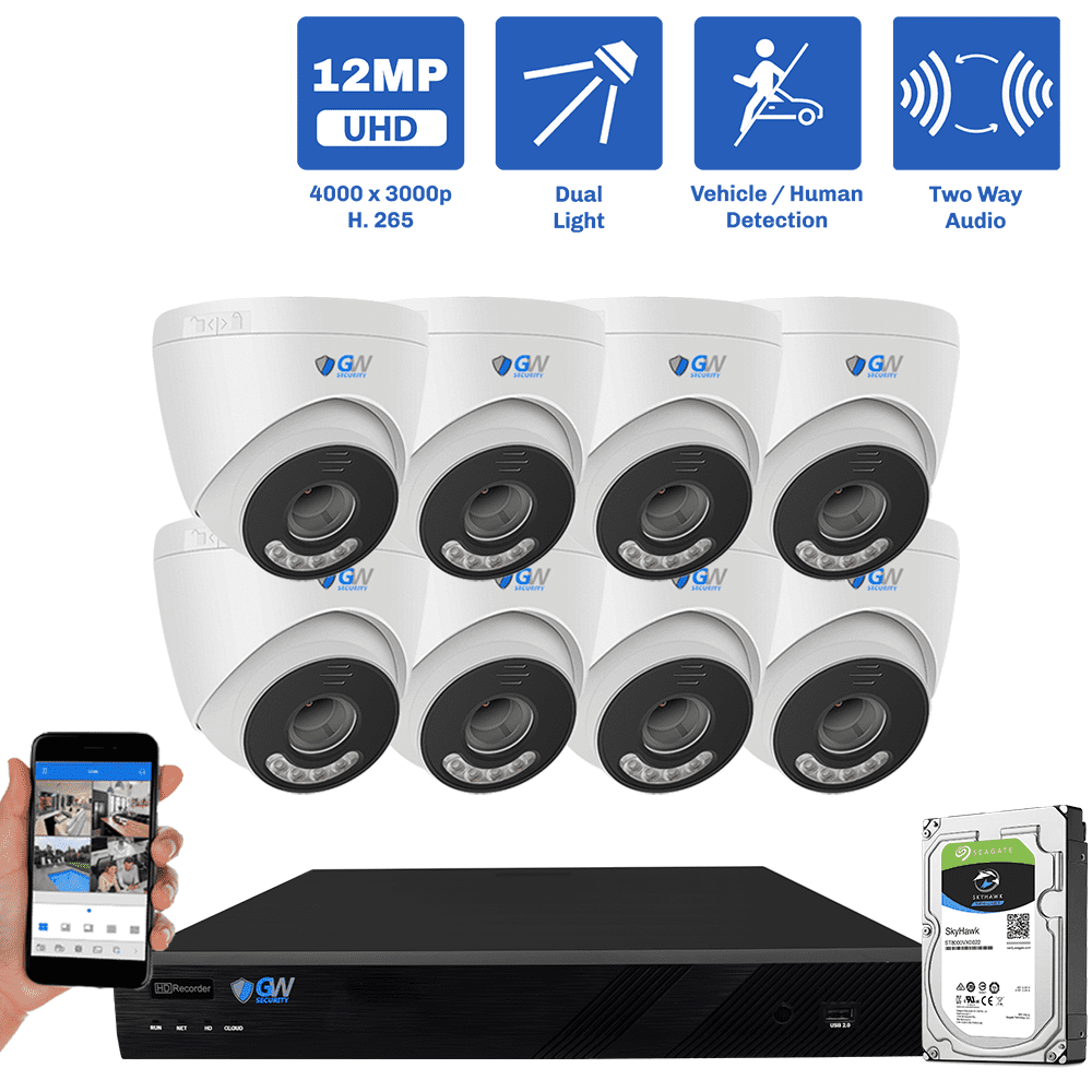 16 Channel NVR Security Camera System with 8 * 12MP 4mm Fixed Lens IP Turret Security Camera, Two-Way Audio, Full-Time Color Night Vision, Dual-Light