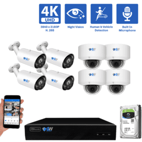 8-Channel NVR Security Camera System with 4 * 8MP IP POE 5X Optical 2.7-13.5mm Varifocal Lens Bullet Security Camera, and 4 * 8MP IP POE 5X Optical 2.7-13.5mm Varifocal Lens Bullet Security Camera Human / Vehicle Detection, Built-In Microphone