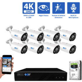 8-Channel NVR Security Camera System with 8 * 8MP IP POE 5X Optical 2.7-13.5mm Varifocal Lens Bullet Security Camera, Human / Vehicle Detection, Built-In Microphone, White Light