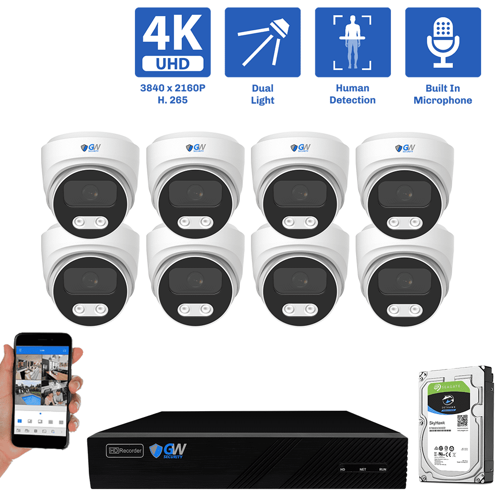 8-Channel NVR Security Camera System with 8 * 8MP IP POE 2.8mm Fixed Lens Turret Security Cameras, Built-in Microphone, Human Detection, Dual-Light