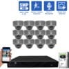 16 Channel NVR Security Camera System with 12 * 5MP IP Black/Grey Dome 2.8mm Fixed Lens Camera, Built In Mic, Human / Vehicle Detection, PoE