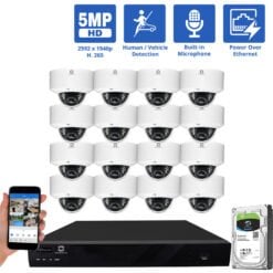 16 Channel NVR Security Camera System with 16 * 5MP IP Dome 2.8mm Fixed Lens Camera, Built In Mic, Human / Vehicle Detection, PoE