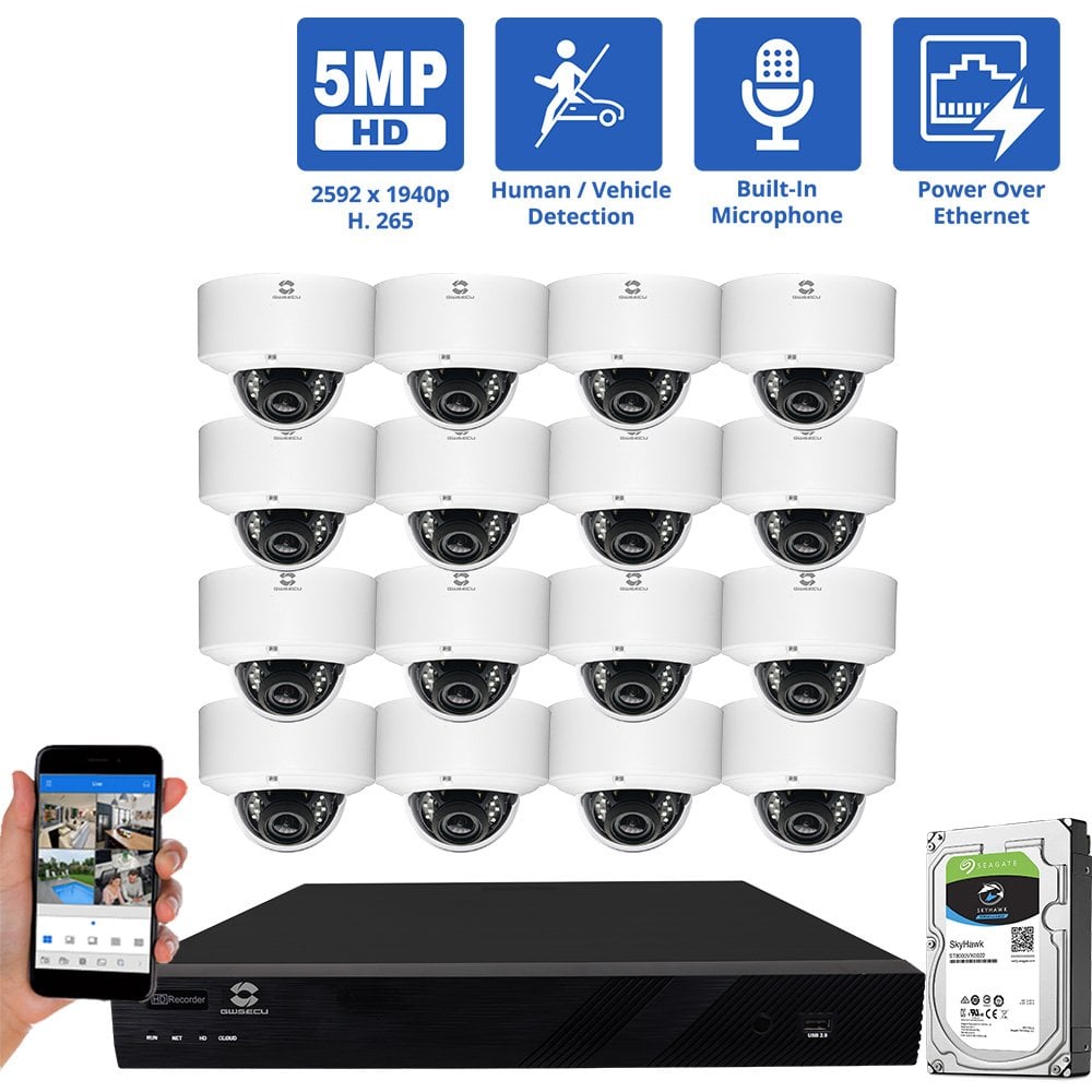 16 Channel NVR Security Camera System with 16 * 5MP IP Dome 2.8mm Fixed Lens Camera, Built In Mic, Human / Vehicle Detection, PoE