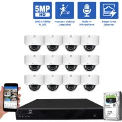 16 Channel NVR Security Camera System with 12 * 5MP IP Dome 2.8mm Fixed Lens Camera, Built In Mic, Human / Vehicle Detection, PoE