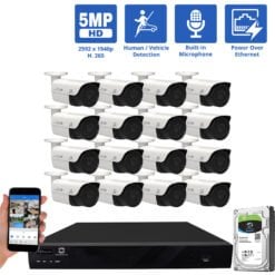 16 Channel NVR Security Camera System with 16 * 5MP IP Bullet 2.8mm Fixed Lens Camera, Built In Mic, Human / Vehicle Detection, PoE