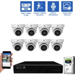 8 Channel NVR Security Camera System with 8 * 5MP IP Turret 2.8mm Fixed Lens Camera, Built In Mic, Human / Vehicle Detection, PoE
