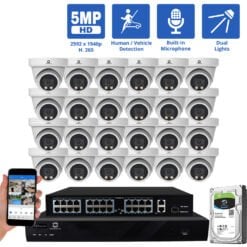 32 Channel NVR Security Camera System with 24 * 5MP IP Turret 2.8mm Fixed Lens Camera, Smart Dual Light, Built In Mic, Human / Vehicle Detection, PoE