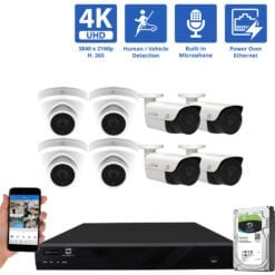 16 Channel NVR Security Camera System with 4 * 8MP IP Turret 2.8mm Fixed Lens Camera,  4 * 8MP IP Bullet 2.8mm Fixed Lens Camera, Built In Mic, Human / Vehicle Detection, PoE