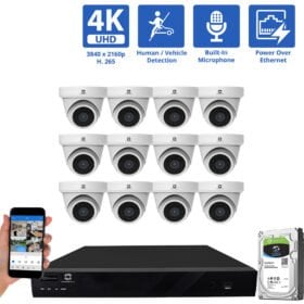 16 Channel NVR Security Camera System with 12 * 8MP IP Turret 2.8mm Fixed Lens Camera, Built In Mic, Human / Vehicle Detection, PoE