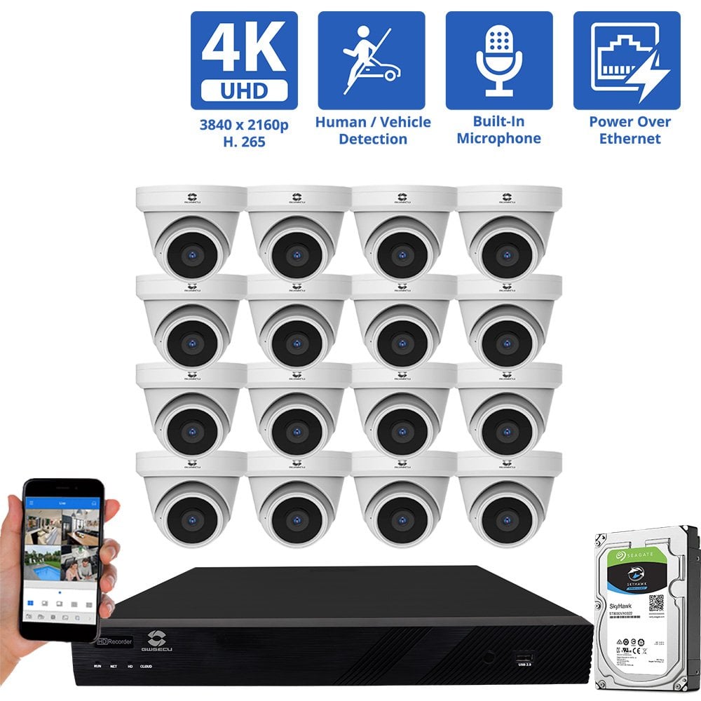16 Channel NVR Security Camera System with 16 * 8MP IP Turret 2.8mm Fixed Lens Camera, Built In Mic, Human / Vehicle Detection, PoE
