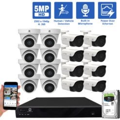 16 Channel NVR Security Camera System with 8 * 5MP IP Bullet 2.8mm Fixed Lens Camera, 8 * 5MP IP Turret 2.8mm Fixed Lens Camera, Built In Mic, Human / Vehicle Detection, PoE