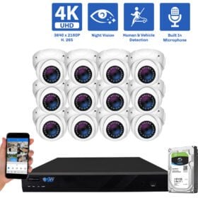 16 Channel NVR Security Camera System with 12 * 8MP IP POE 2.8mm Fixed Lens Turret Security Camera, Built-In Microphone, Human / Vehicle Detection