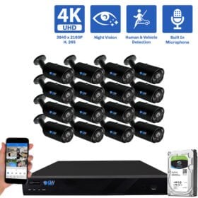 16-Channel NVR Security Camera System with 16 * 8MP IP POE 5X Optical 2.7-13.5mm Motorized Lens Bullet Security Camera, Human / Vehicle Detection, Built-In Microphone, White Light