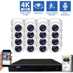 16 Channel NVR Security Camera System with 16 * 8MP IP POE 2.8mm Fixed Lens Turret Security Camera, Built-In Microphone, Human / Vehicle Detection