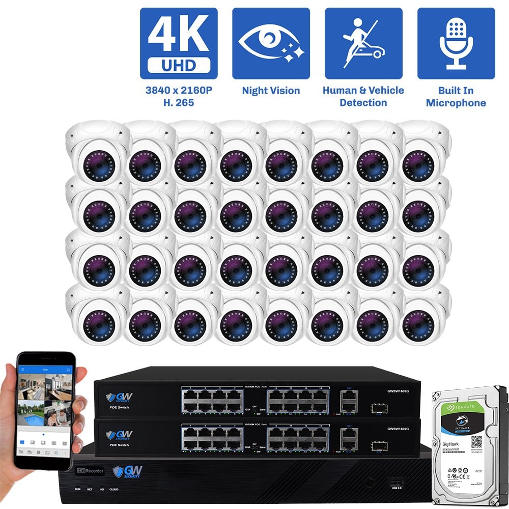 32 Channel NVR Security Camera System with 32 * 8MP IP POE 2.8mm Fixed Lens Turret Security Camera, Built-In Microphone, Human / Vehicle Detection