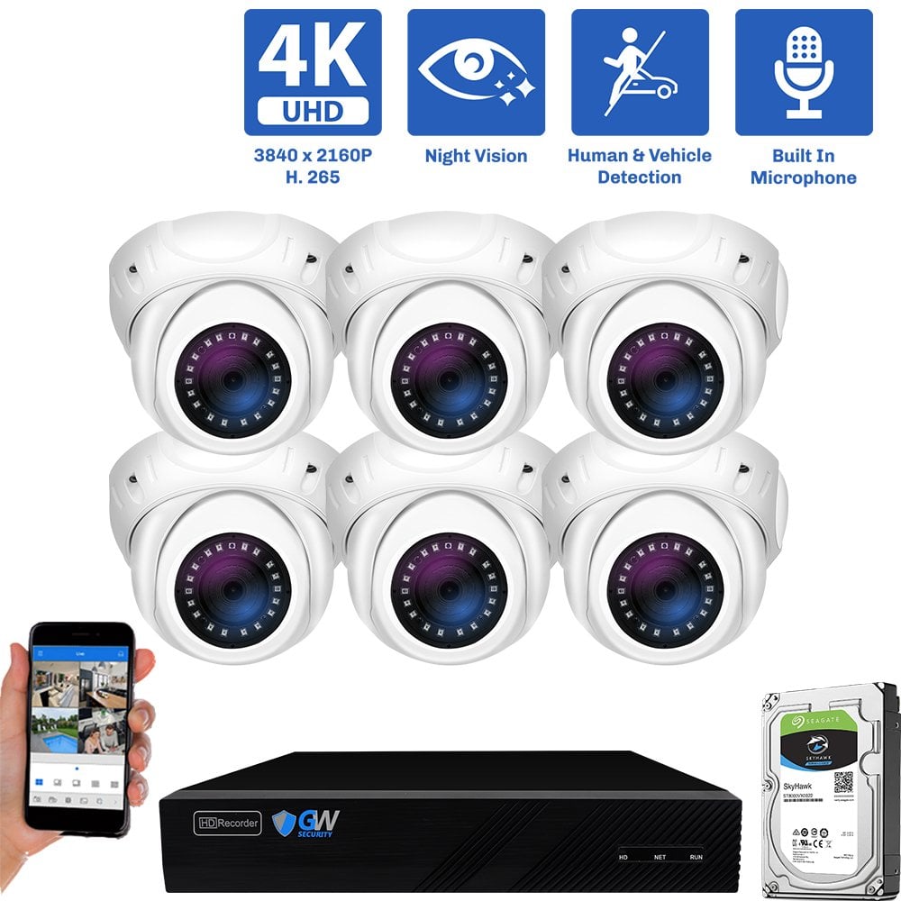 8 Channel NVR Security Camera System with 6 * 8MP IP POE 2.8mm Fixed Lens Turret Security Camera, Built-In Microphone, Human / Vehicle Detection
