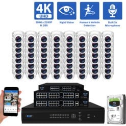 64 Channel NVR Security Camera System with 64 * 8MP IP POE 2.8mm Fixed Lens Turret Security Camera, Built-In Microphone, Human / Vehicle Detection