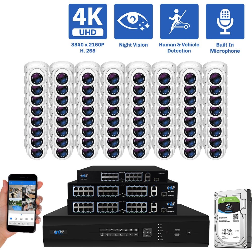 64 Channel NVR Security Camera System with 64 * 8MP IP POE 2.8mm Fixed Lens Turret Security Camera, Built-In Microphone, Human / Vehicle Detection