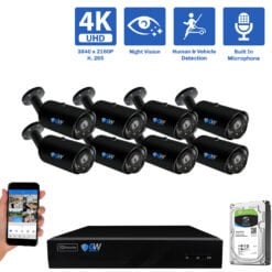 8-Channel NVR Security Camera System with 8 * 8MP IP POE 5X Optical 2.7-13.5mm Motorized Lens Bullet Security Camera, Human / Vehicle Detection, Built-In Microphone, White Light