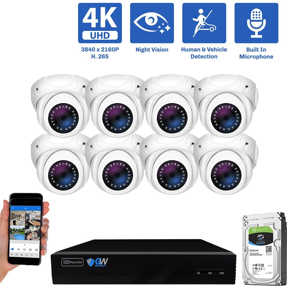8 Channel NVR Security Camera System with 8 * 8MP IP POE 2.8mm Fixed Lens Turret Security Camera, Built-In Microphone, Human / Vehicle Detection