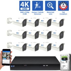 16 Channel NVR Security Camera System with 12 * 8MP IP 5X Optical Zoom 2.7-13.5mm Motorized Lens Bullet Security Camera, Human / Vehicle Detection, Smart AI Analytics, Built-In Microphone, PoE