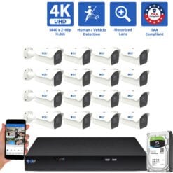16 Channel NVR Security Camera System with 16 * 8MP IP 5X Optical Zoom 2.7-13.5mm Motorized Lens Bullet Security Camera, Human / Vehicle Detection, Smart AI Analytics, Built-In Microphone, PoE