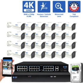 32 Channel NVR Security Camera System with 24 * 8MP IP 5X Optical Zoom 2.7-13.5mm Motorized Lens Bullet Security Camera, Human / Vehicle Detection, Smart AI Analytics, Built-In Microphone, PoE