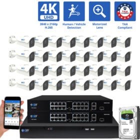 32 Channel NVR Security Camera System with 32 * 8MP IP 5X Optical Zoom 2.7-13.5mm Motorized Lens Bullet Security Camera, Human / Vehicle Detection, Smart AI Analytics, Built-In Microphone, PoE