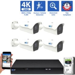 8 Channel NVR Security Camera System with 4 * 8MP IP 5X Optical Zoom 2.7-13.5mm Motorized Lens Bullet Security Camera, Human / Vehicle Detection, Smart AI Analytics, Built-In Microphone, PoE,