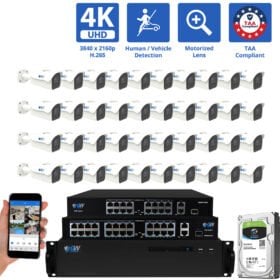 64 Channel NVR Security Camera System with 40 * 8MP IP 5X Optical Zoom 2.7-13.5mm Motorized Lens Bullet Security Camera, Human / Vehicle Detection, Smart AI Analytics, Built-In Microphone, PoE