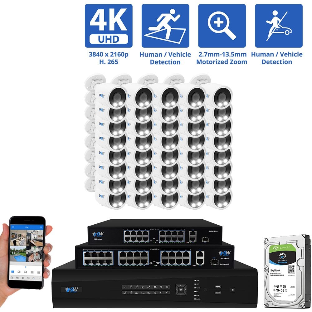 64 Channel NVR Security Camera System with 40 * 8MP IP Bullet 2.8mm Fixed Lens Camera, Human / Vehicle Detection, Built-In Microphone, PoE, White Light