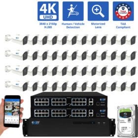 64 Channel NVR Security Camera System with 48 * 8MP IP 5X Optical Zoom 2.7-13.5mm Motorized Lens Bullet Security Camera, Human / Vehicle Detection, Smart AI Analytics, Built-In Microphone, PoE