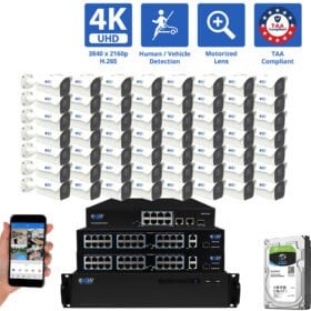64 Channel NVR Security Camera System with 56 * 8MP IP 5X Optical Zoom 2.7-13.5mm Motorized Lens Bullet Security Camera, Human / Vehicle Detection, Smart AI Analytics, Built-In Microphone, PoE