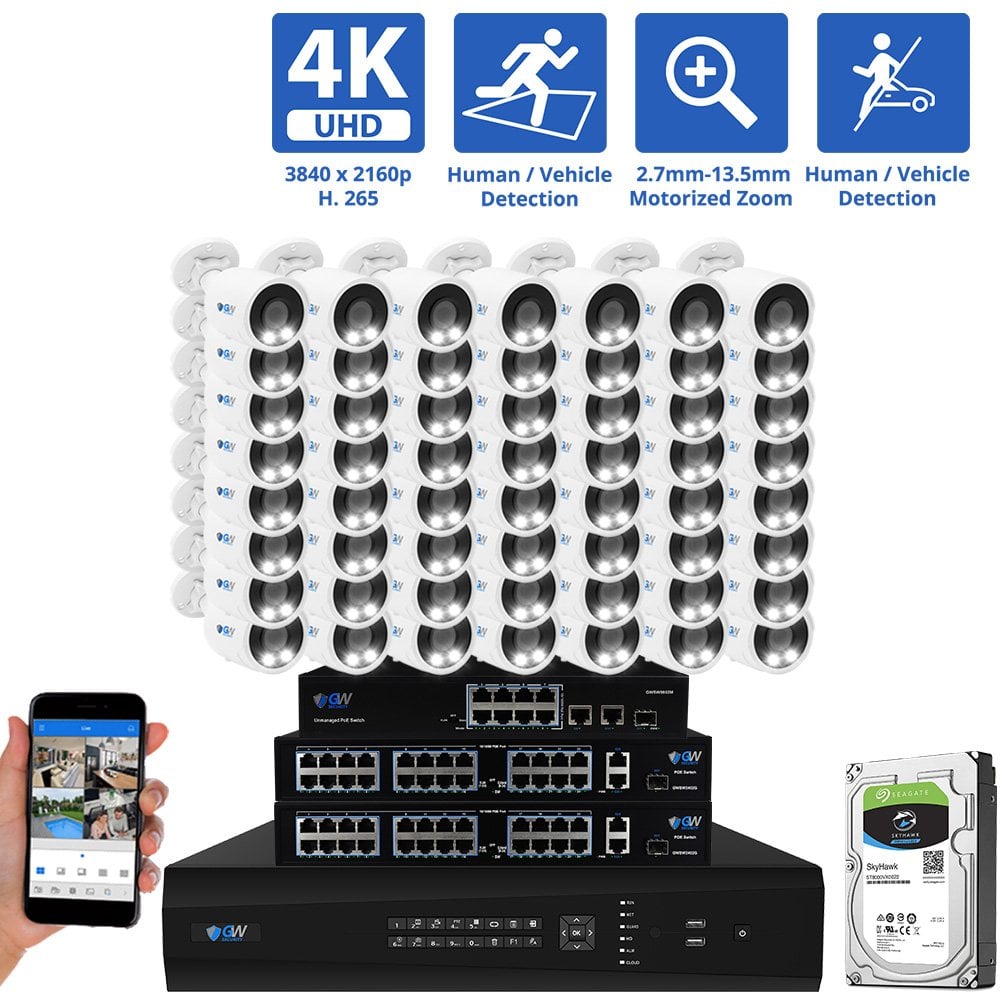 64 Channel NVR Security Camera System with 56 * 8MP IP Bullet 2.8mm Fixed Lens Camera, Human / Vehicle Detection, Built-In Microphone, PoE, White Light